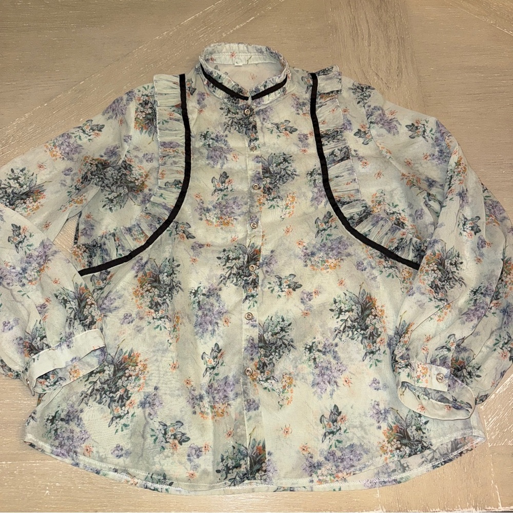Mint floral Puff Sleeve Ruffled Blouse with Black accents pastel goth mock neck - Picture 5 of 11